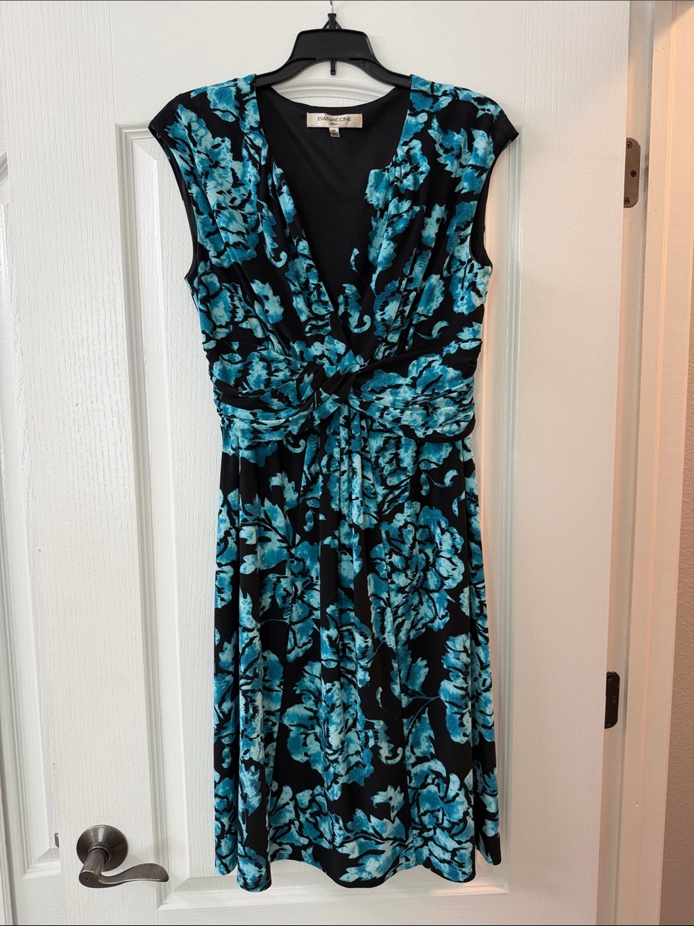Evan Picone Black Midi Dress with Teal Floral Print and Twist Detail